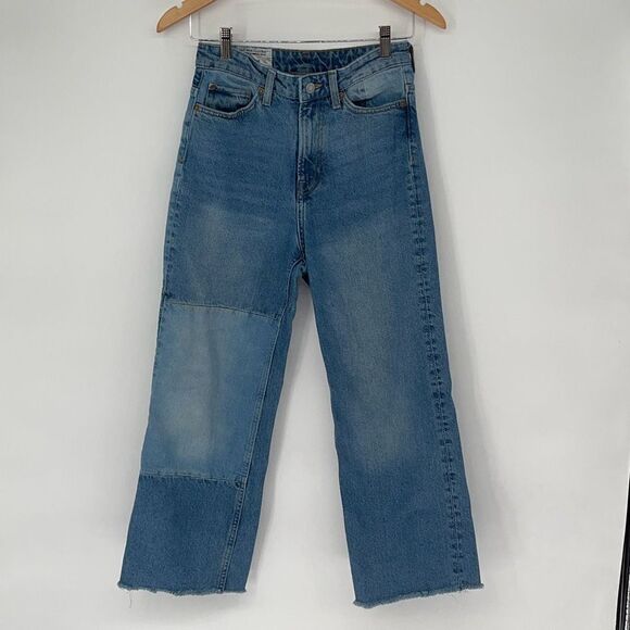 H&M Womens High Rise Frayed Hem Patchwork Loose Straight Denim Jeans Blue Size 4 - Picture 1 of 12